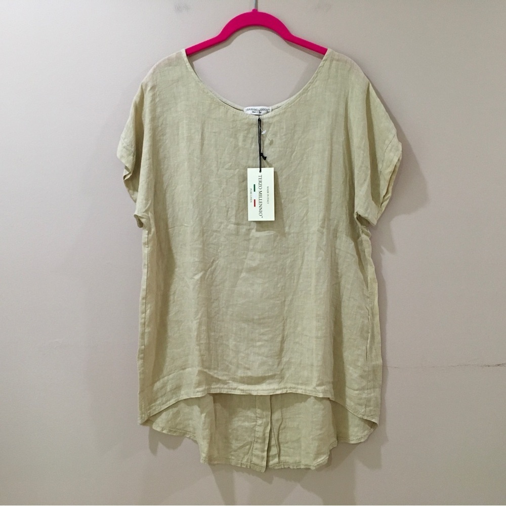 Terzo Millenio Shirt Womens Small Beige Pure Linen Top Button Back Lagenlook